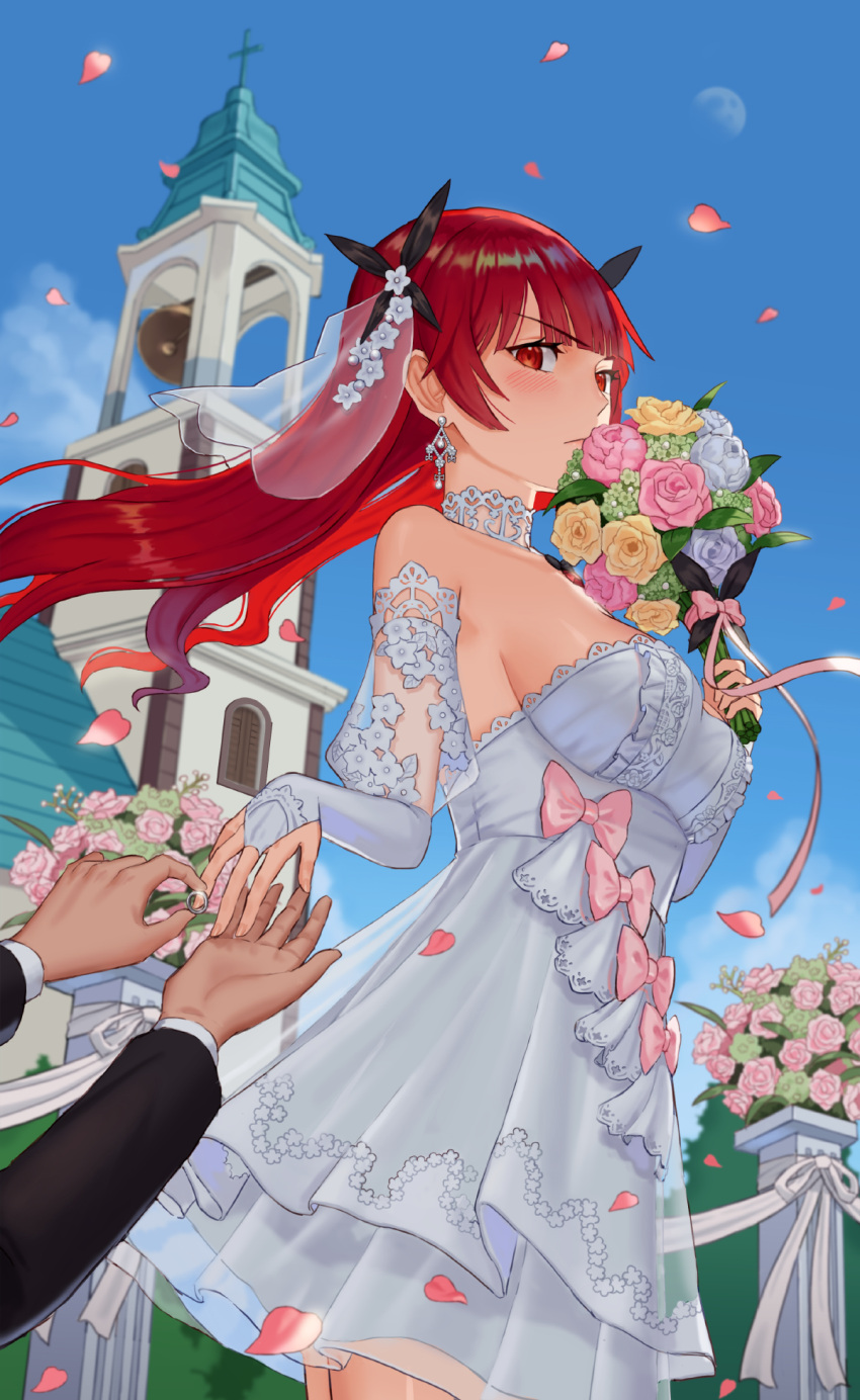 1girl answer_(l_c123) azur_lane bangs bare_shoulders blue_sky blush bouquet bow breasts bridal_gauntlets church closed_mouth day dress earrings eyebrows_visible_through_hair flower grey_rose hair_ornament highres honolulu_(azur_lane) jewelry large_breasts moon out_of_frame outdoors pink_bow pink_flower pink_rose ring rose sky solo_focus standing veil wedding wedding_band wedding_dress white_dress yellow_flower yellow_rose