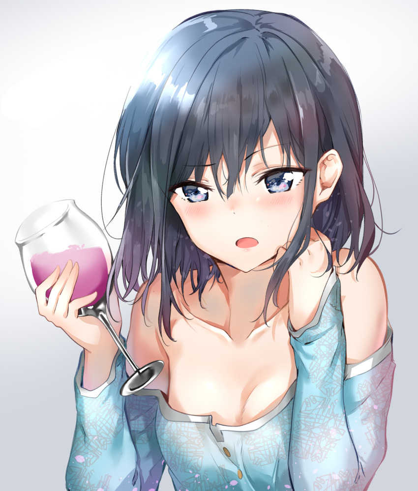 1girl absurdres adagaki_aki alcohol bare_shoulders black_hair blue_eyes blue_shirt blush breasts chin_rest collarbone cup drinking_glass eyebrows_visible_through_hair hair_between_eyes highres holding holding_cup long_sleeves looking_at_viewer masamune-kun_no_revenge medium_breasts medium_hair off_shoulder open_mouth raised_eyebrow shirt sunhyun upper_body wine wine_glass