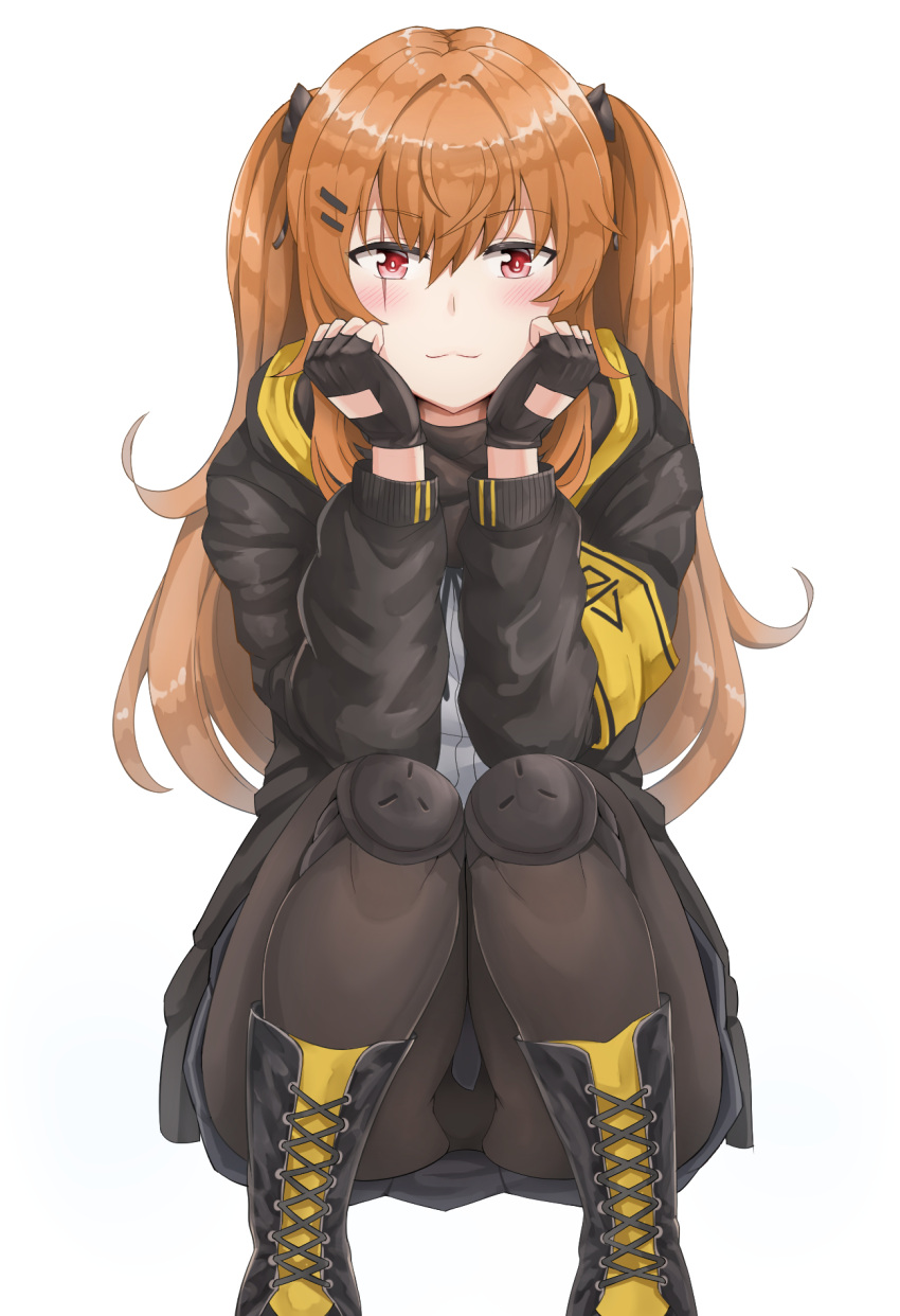 1girl :3 armband bangs black_footwear black_jacket black_legwear black_panties black_scarf black_skirt boots bright_pupils closed_mouth commentary cross-laced_footwear eyebrows_visible_through_hair fingerless_gloves full_body girls_frontline gloves hair_between_eyes hair_ornament hairclip hands_on_own_cheeks hands_on_own_face highres hood hood_down hooded_jacket jacket knee_boots knee_pads lace-up_boots long_hair long_sleeves miniskirt open_clothes open_jacket orange_hair panties panties_under_pantyhose pantyhose pantyshot pantyshot_(squatting) red_eyes scar scar_across_eye scarf shiny shiny_hair shirt simple_background skirt smile solo springveiv squatting twintails ump9_(girls_frontline) underwear upskirt white_background white_shirt