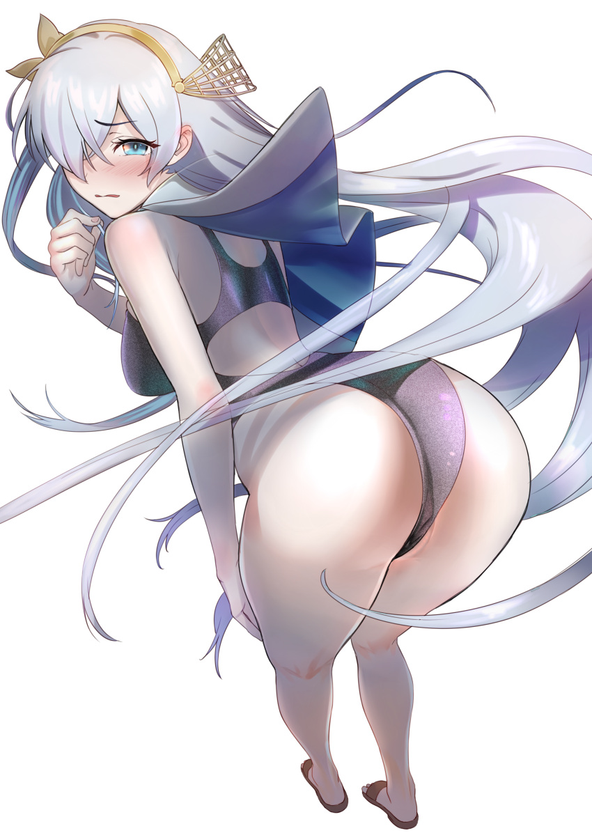 1girl absurdres anastasia_(fate/grand_order) arched_back ass bare_shoulders bent_over blue_eyes blush breasts commentary_request fate/grand_order fate_(series) full_body hair_over_one_eye hand_on_own_knee highres kujuu_shikuro large_breasts leaning_forward long_hair looking_at_viewer looking_back sandals silver_hair smile solo swimsuit thighs very_long_hair