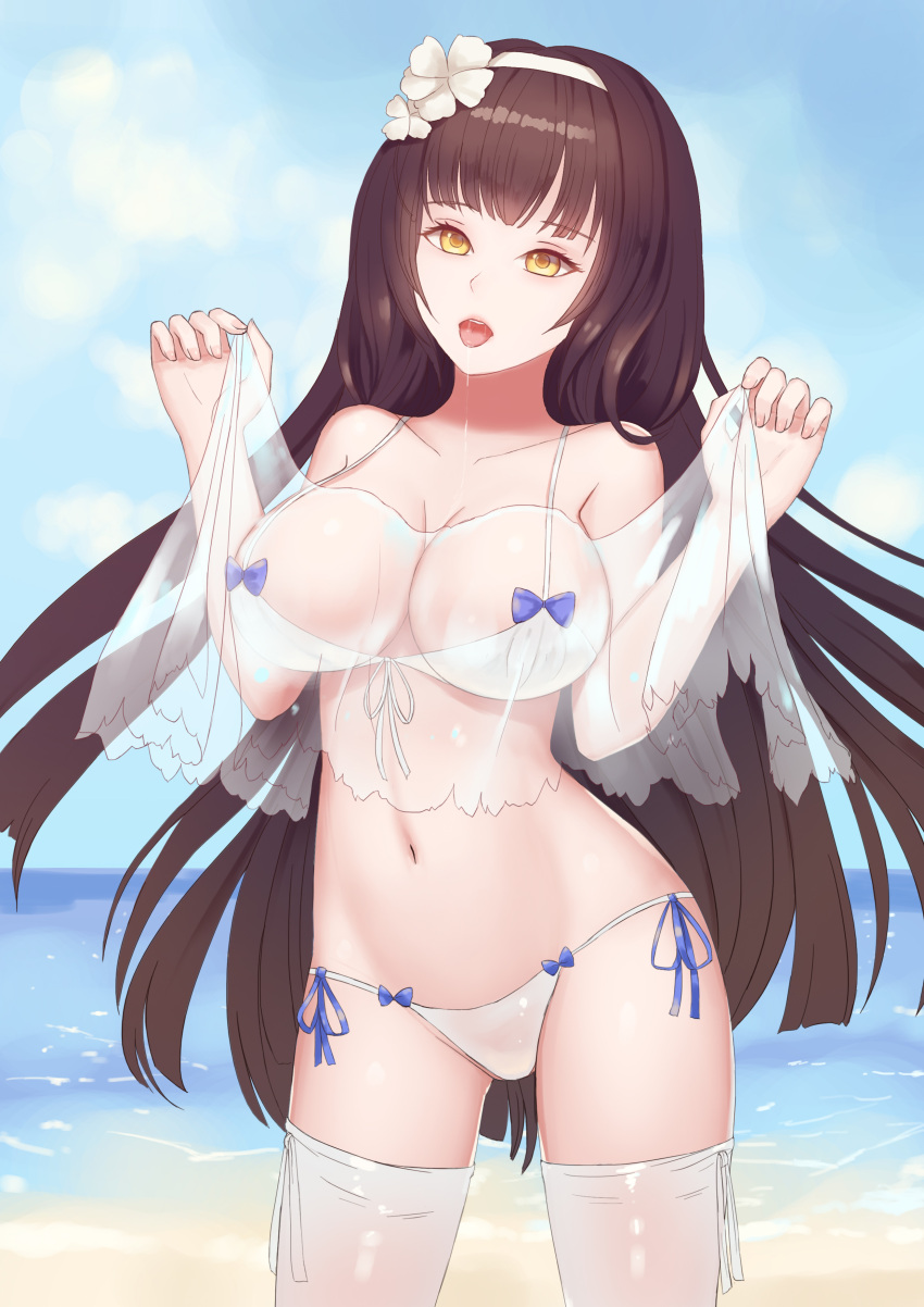 1girl :o absurdres bikini blue_sky breasts brown_eyes cleavage day flower girls_frontline hair_flower hair_ornament hairband hands_up highres large_breasts long_hair ocean outdoors qbz-95_(girls_frontline) rinmmo saliva see-through sky standing swimsuit thigh-highs thighs very_long_hair water wet wet_clothes white_bikini white_flower white_hairband white_legwear