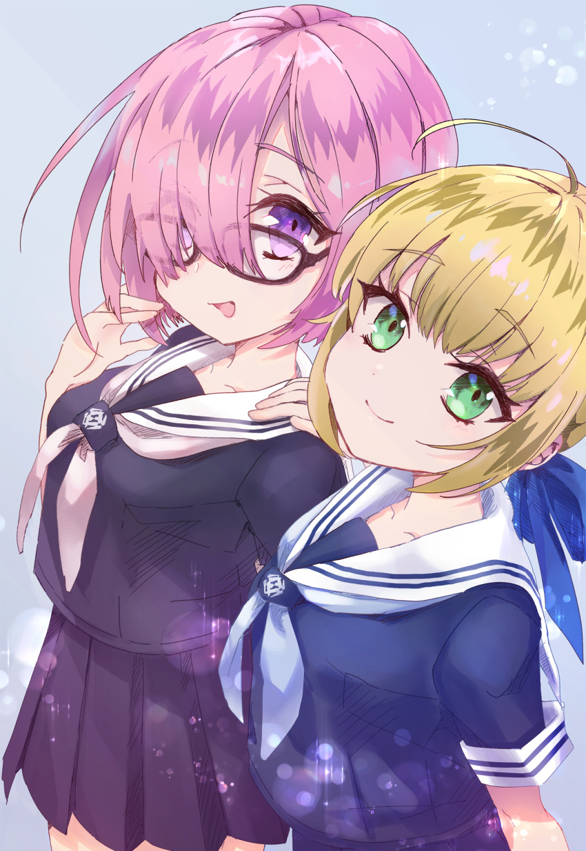 2girls ahoge artoria_pendragon_(all) closed_mouth collarbone cute eyebrows_visible_through_hair eyewear_visible_through_hair fate/grand_order fate/stay_night fate_(series) glasses green_eyes highres lavender_hair mash_kyrielight master_artoria open_mouth pink_hair saber school_uniform serafuku sha2mo simple_background smile violet_eyes