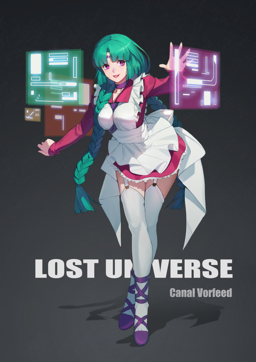 1girl :d absurdres apron back_bow between_breasts bow braid breasts canal_vorfeed character_name choker copyright_name dress facial_mark forehead_mark frills full_body green_hair grey_background hair_over_shoulder highres holographic_monitor legs_crossed long_hair looking_at_viewer lost_universe miniskirt necktie necktie_between_breasts open_mouth pink_dress purple_footwear purple_neckwear shoes simple_background skirt smile solo standing thigh-highs thigh_strap twin_braids violet_eyes whisper_(wfox1234) white_apron white_bow white_legwear
