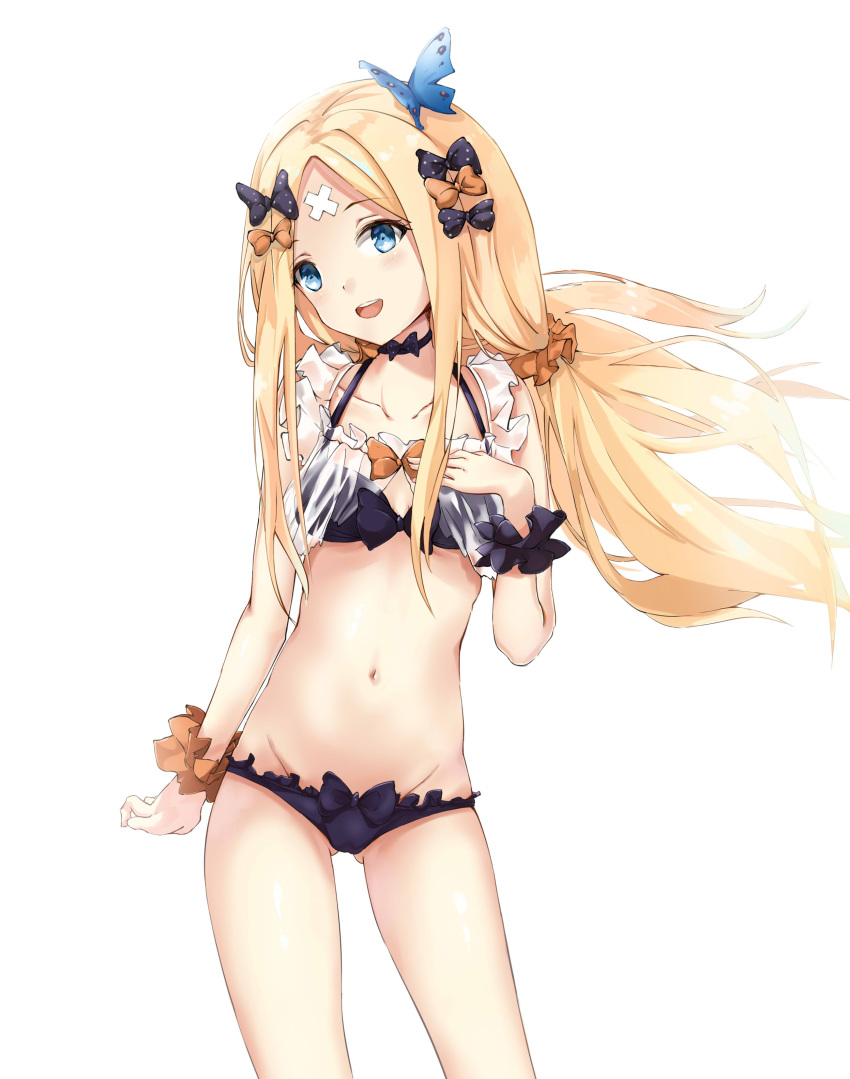 1girl :d abigail_williams_(fate/grand_order) absurdres ass_visible_through_thighs bangs bare_shoulders bikini black_bikini black_bow black_scrunchie blonde_hair blue_eyes blush bow breasts butterfly_hair_ornament collarbone commentary_request crossed_bandaids fate/grand_order fate_(series) groin hair_bow hair_ornament hair_scrunchie halterneck head_tilt highres long_hair navel open_mouth orange_bow orange_scrunchie parted_bangs polka_dot polka_dot_bow round_teeth scrunchie see-through simple_background small_breasts smile solo swimsuit taka_(0taka) teeth upper_teeth very_long_hair white_background wrist_scrunchie