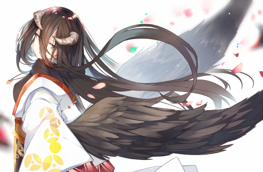 1girl :o albedo bangs blurry blurry_background brown_eyes brown_hair brown_wings commentary_request curled_horns depth_of_field eyebrows_visible_through_hair eyes_visible_through_hair feathered_wings grey_background hair_between_eyes horns japanese_clothes kimono long_hair long_sleeves looking_at_viewer looking_to_the_side mitu_yang off_shoulder overlord_(maruyama) parted_lips simple_background solo very_long_hair white_kimono wide_sleeves wings