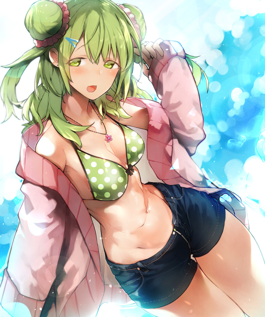 1girl :d arm_up bangs bikini_top black_shorts blue_sky blush breasts commentary_request day double_bun dutch_angle earrings eyebrows_visible_through_hair green_bikini_top green_eyes green_hair hair_between_eyes highres jacket jewelry long_hair long_sleeves looking_at_viewer medium_breasts morinaka_kazaki navel nijisanji nishiide_kengorou open_clothes open_jacket open_mouth outdoors pink_jacket polka_dot polka_dot_bikini_top short_shorts shorts side_bun sky sleeves_past_wrists smile solo two_side_up virtual_youtuber