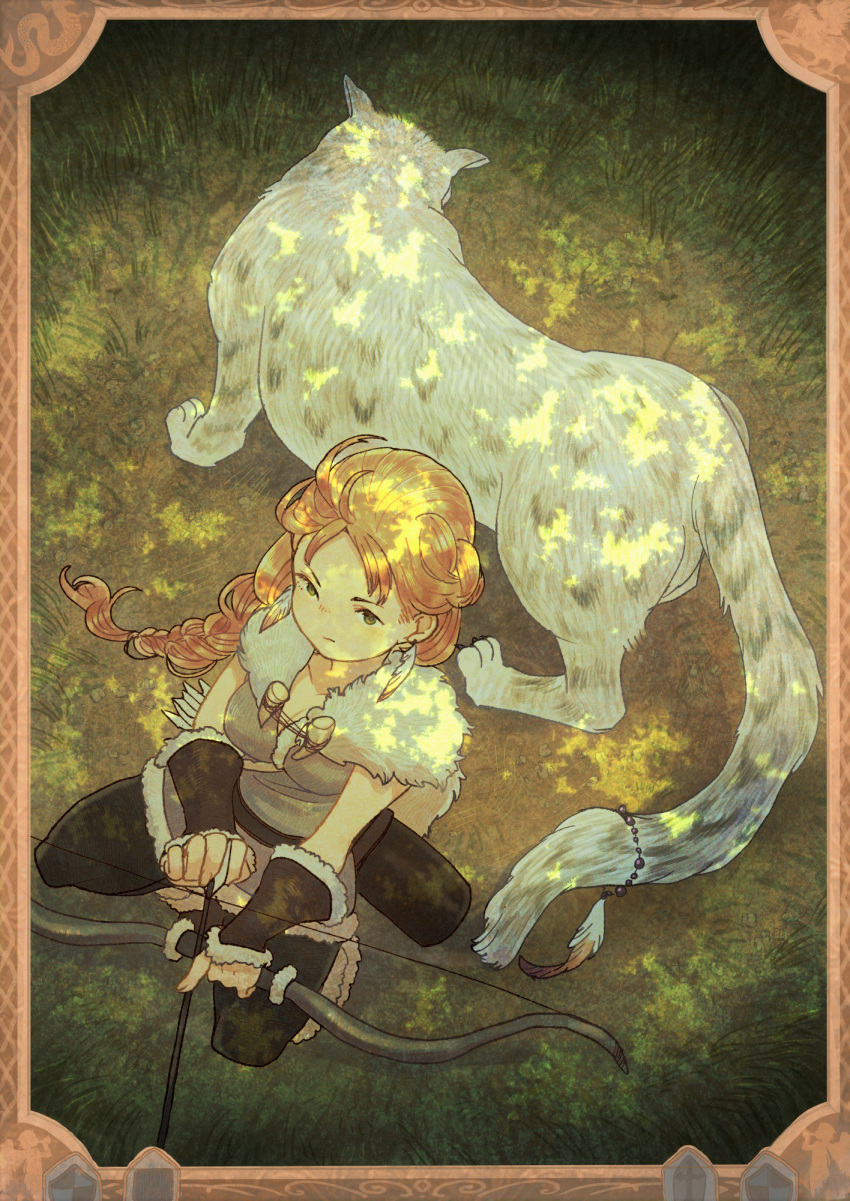 1girl animal blonde_hair bow_(weapon) braid field fur_trim h'aanit_(octopath_traveler) highres leopard linde_(octopath_traveler) long_hair looking_at_viewer mozuku_(mozuuru0323) octopath_traveler simple_background smile snow_leopard solo weapon