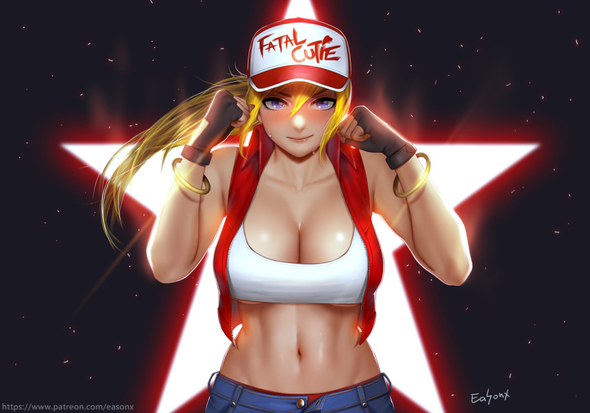 1girl bangle bare_shoulders baseball_cap blonde_hair blue_eyes blush bracelet breasts cleavage crop_top easonx fatal_fury fighting_stance fingerless_gloves genderswap genderswap_(mtf) gloves hat jacket jewelry large_breasts looking_at_viewer midriff navel open_clothes shorts sleeveless smile snk solo star stomach terry_bogard the_king_of_fighters