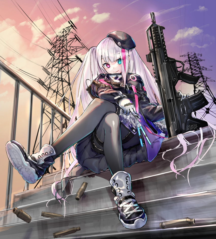 1girl beret black_jacket cable canata_katana casing_ejection clouds cloudy_sky evening eyebrows_visible_through_hair girls_frontline gloves gun hat heterochromia highres jacket legs_crossed long_hair mdr_(girls_frontline) pantyhose railing shell_casing shoes side_ponytail silver_hair sitting skirt sky smile sneakers weapon