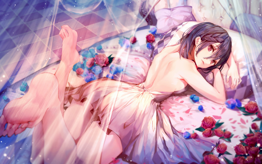1girl absurdres back bangs bare_back barefoot bed black_hair blue_flower blue_rose blush braid breasts canopy_bed checkered checkered_floor closed_mouth curtains dress feet flower from_above hair_between_eyes highres indoors legs_up looking_at_viewer lying munseonghwa on_stomach original petals pillow red_eyes red_flower red_rose rose short_dress small_breasts solo symbol_commentary white_dress