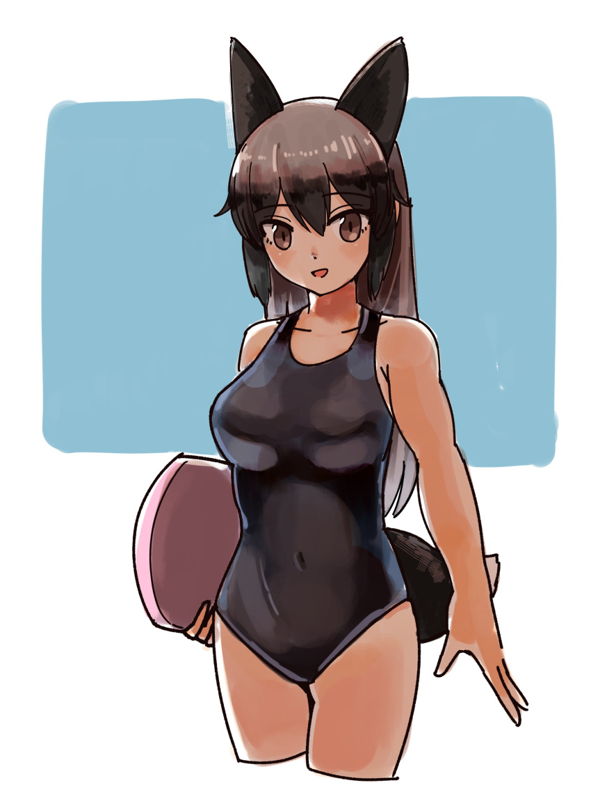 1girl absurdres alternate_costume animal_ears bare_arms bare_shoulders black_hair brown_eyes casual_one-piece_swimsuit collarbone commentary cowboy_shot eyebrows_visible_through_hair fox_ears fox_tail grey_hair highres kemono_friends kickboard long_hair multicolored_hair omnisucker one-piece_swimsuit silver_fox_(kemono_friends) silver_hair sleeveless solo swimsuit tail
