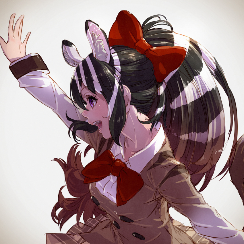 1girl animal_ear_fluff animal_ears arm_up blue_eyes bow bowtie breasts extra_ears from_side hair_bow hand_up highres kemono_friends long_hair multicolored_hair open_mouth plaid plaid_skirt profile quagga_(kemono_friends) realistic red_bow school_uniform skirt solo tail takami_masahiro two-tone_hair upper_body zebra_ears