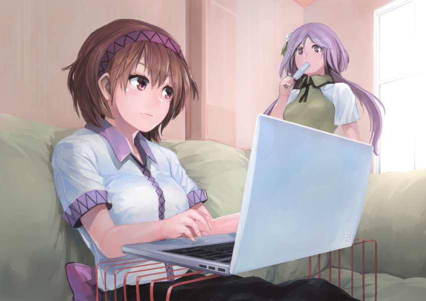 2girls black_neckwear black_ribbon black_skirt breasts brown_eyes brown_hair commentary_request computer contemporary couch feet_out_of_frame flower food hair_flower hair_ornament hairband holding holding_food ichiba_youichi indoors laptop leaf long_hair looking_at_another low_twintails medium_breasts multiple_girls mundane_utility neck_ribbon popsicle purple_hair purple_hairband ribbon shirt short_hair siblings sisters sitting skirt standing touhou tsukumo_benben tsukumo_yatsuhashi twintails upper_body violet_eyes white_flower white_shirt window wing_collar