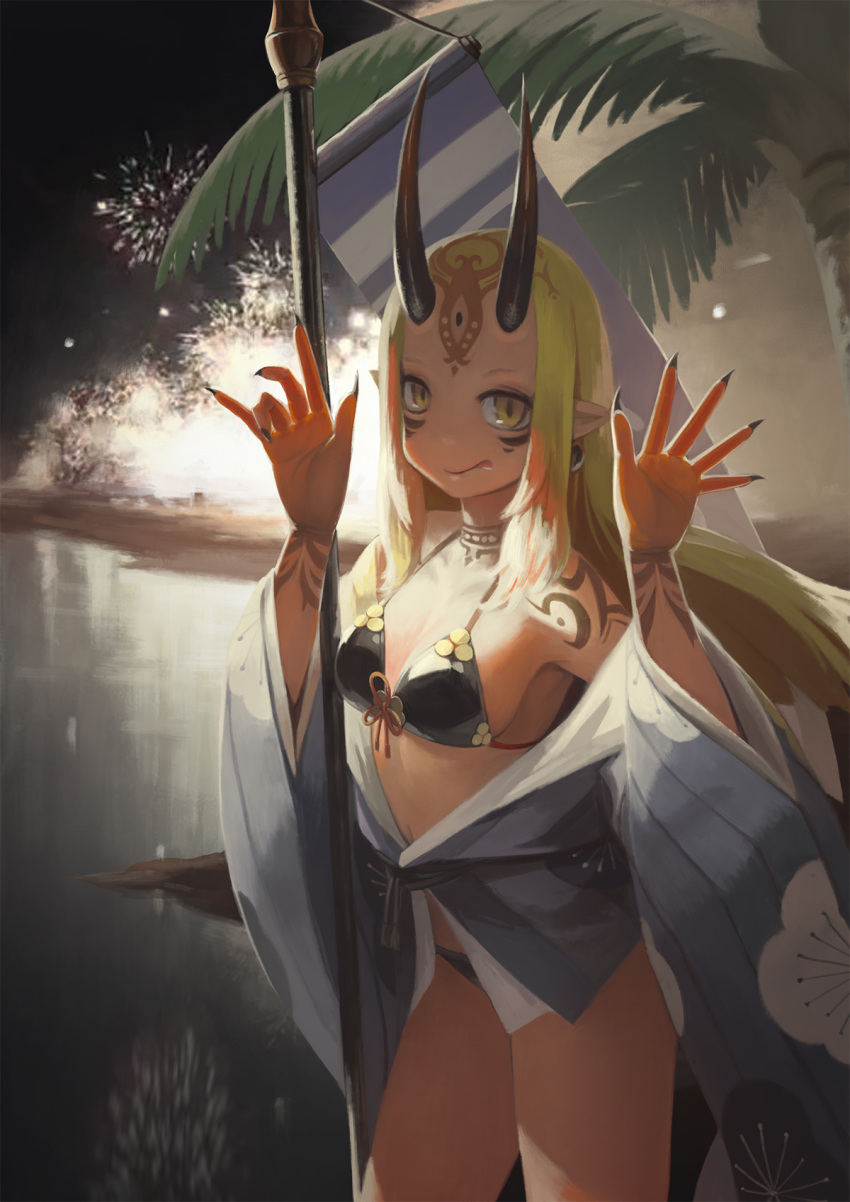 1girl :p armpits arms_up backlighting banner bare_shoulders bikini bikini_under_clothes black_bikini black_nails blonde_hair blue_kimono breasts cleavage closed_mouth collarbone cowboy_shot earrings facial_mark fate/grand_order fate_(series) fingernails fireworks floral_print forehead forehead_mark highres ibaraki_douji_(fate/grand_order) ibaraki_douji_(swimsuit_lancer)_(fate) japanese_clothes jewelry kimono long_fingernails long_hair medium_breasts multicolored_hair nail_polish night night_sky off_shoulder oni_horns open_clothes open_kimono palm_tree pointy_ears print_kimono red_ribbon redhead ribbon sash sharp_fingernails sidelocks sky smile solo straight_hair swimsuit thighs tongue tongue_out tree two-tone_hair very_long_hair water weien wind yellow_eyes yukata