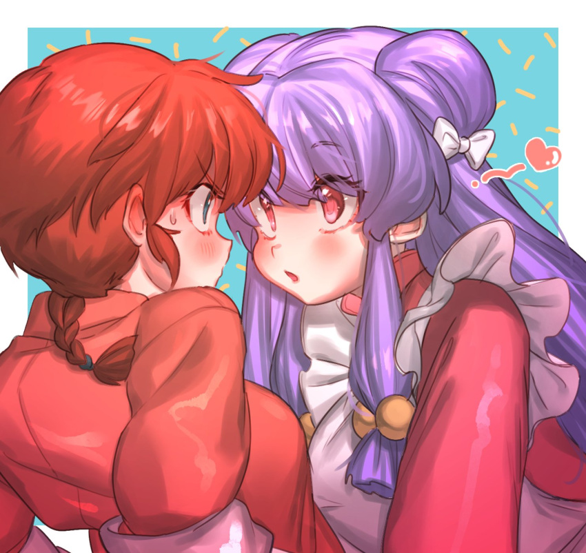 2girls bangs blue_eyes blush bow braid commentary_request face-to-face genderswap genderswap_(mtf) hair_bobbles hair_bow hair_ornament heart highres long_hair looking_at_another masanaga_(tsukasa) multiple_girls open_mouth pink_eyes purple_hair ranma-chan ranma_1/2 redhead shampoo_(ranma_1/2) single_braid upper_body white_bow yuri