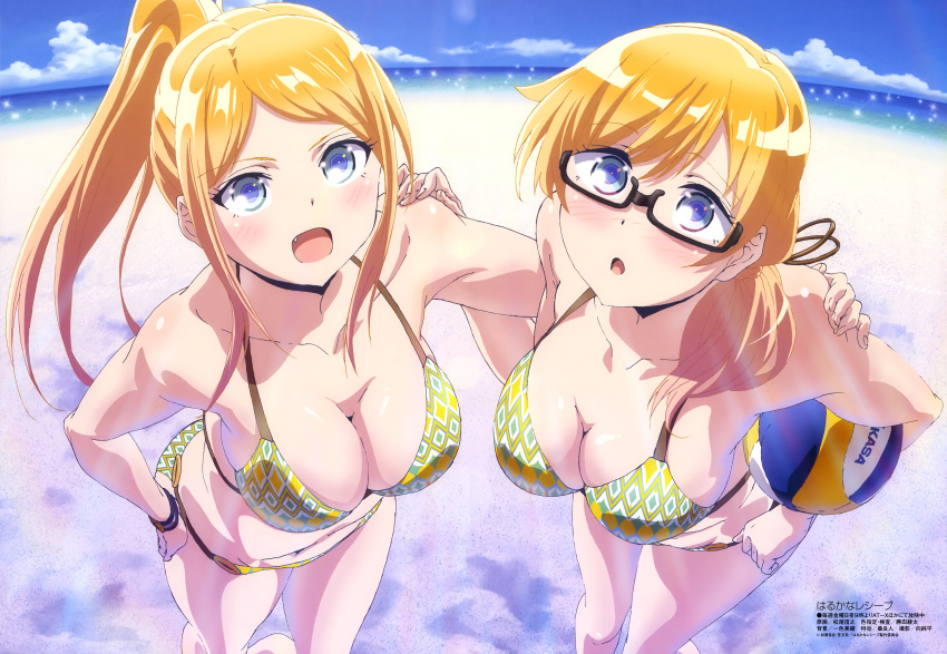 2girls absurdres ball bangs bare_legs beach beach_volleyball bikini blonde_hair blue_eyes breasts cleavage clouds day eyebrows_visible_through_hair fang foreshortening glasses hand_on_another's_shoulder hand_on_hip harukana_receive highres large_breasts megami multiple_girls navel o-ring o-ring_bikini o-ring_bottom ocean open_mouth outdoors ponytail sand semi-rimless_eyewear shiny shiny_skin siblings sisters sky smile sparkle standing swimsuit thomas_claire thomas_emily under-rim_eyewear volleyball