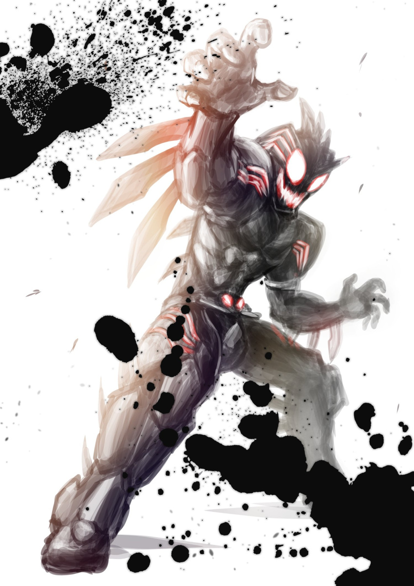 1boy arm_blade armor belt black_blood commentary evil_grin evil_smile fighting_stance glowing glowing_eyes greyscale grin highres horn horns kamen_rider kamen_rider_amazon_omega kamen_rider_amazons male_focus monochrome monster mugi30007073 no_humans open_mouth red_eyes rider_belt sharp_teeth smile solo spikes teeth translation_request weapon white_background