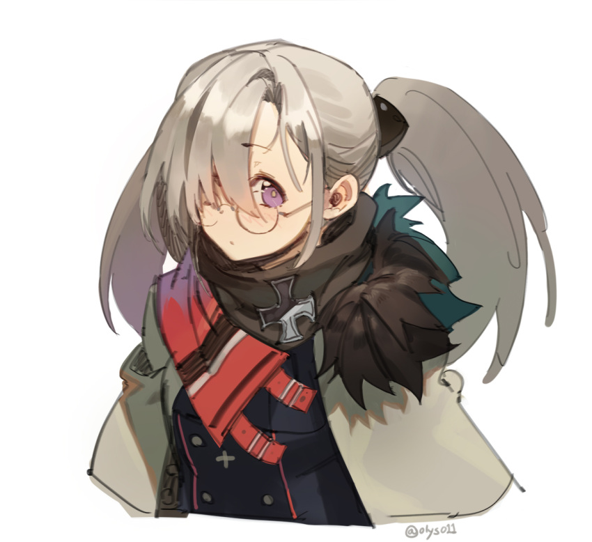 1girl bangs black_scarf blush coat eyebrows_visible_through_hair girls_frontline glasses grey_hair hair_over_one_eye hk23_(girls_frontline) iron_cross long_hair looking_at_viewer olys round_eyewear scarf silver_hair simple_background solo twintails twitter_username uniform upper_body violet_eyes white_background