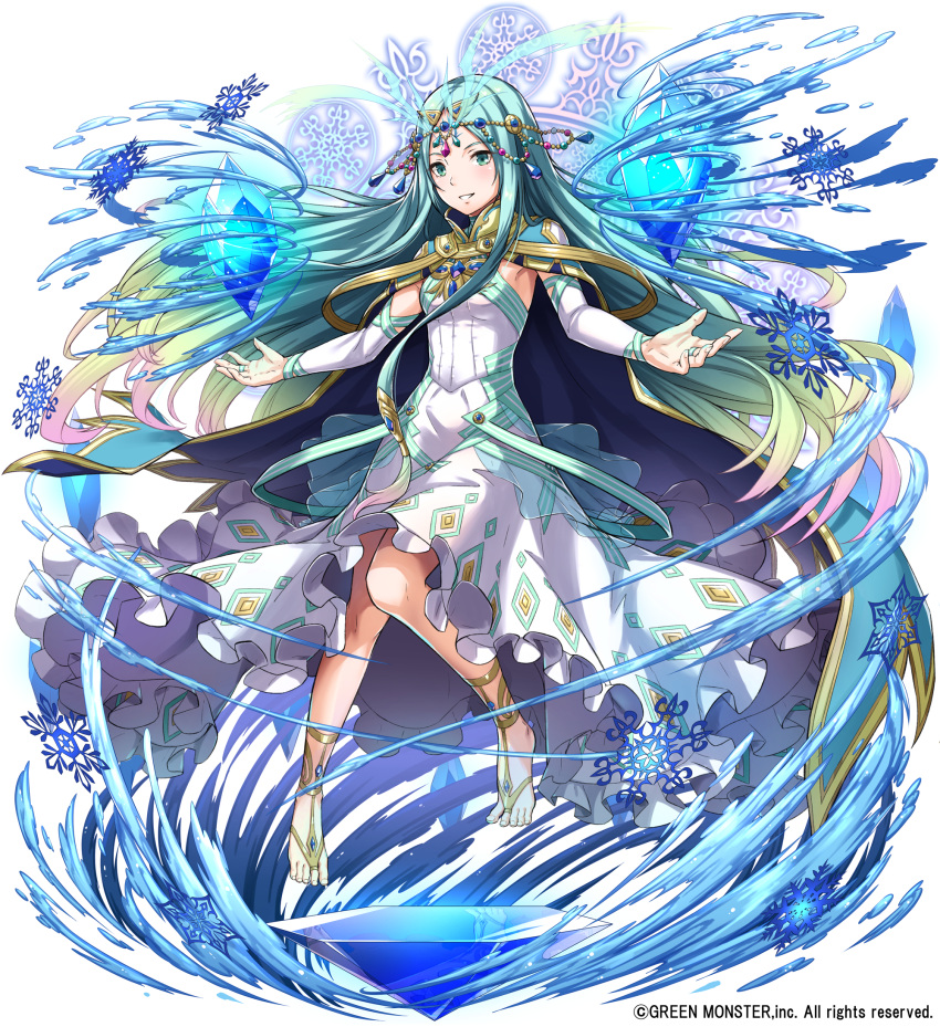 1girl bangs barefoot blue_eyes blue_hair bridal_gauntlets capelet circlet cloak commentary_request crystal dress fantasy floating_hair full_body gradient_hair highres long_dress long_hair looking_at_viewer magic multicolored_hair official_art original parted_bangs parted_lips sakiyamama senkuu_no_reconquista smile solo very_long_hair watermark white_dress