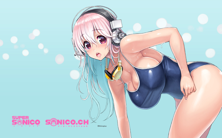 1girl aqua_hair bare_arms bent_over blue_swimsuit blush breasts competition_swimsuit curvy female goggles goggles_around_neck hair_between_eyes hanging_breasts headphones highres large_breasts leaning_forward long_hair looking_at_viewer multicolored_hair nitroplus official_art one-piece_swimsuit open_mouth pink_eyes pink_hair sideboob solo super_sonico swimsuit tsuji_santa two-tone_hair virtual_youtuber wallpaper
