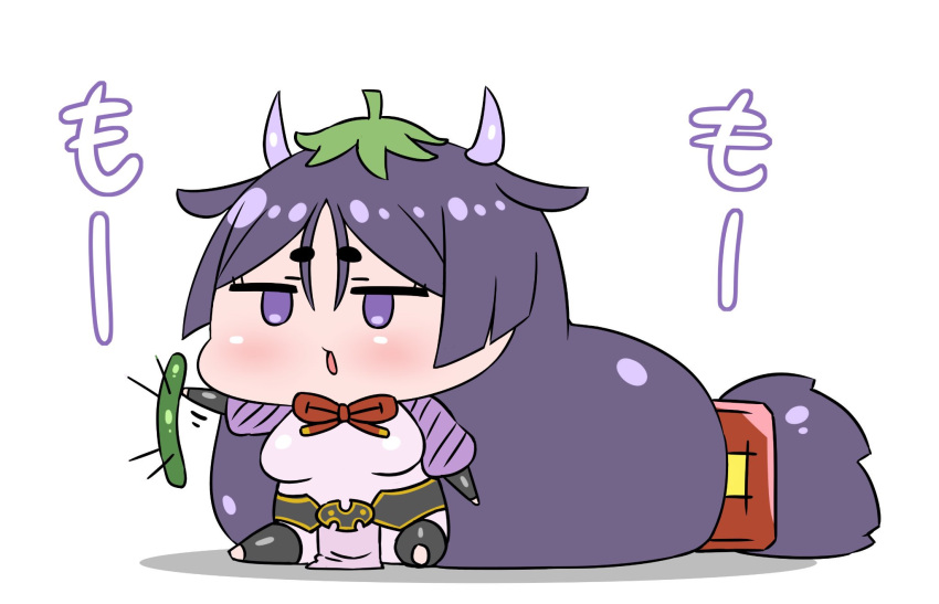 1girl absurdly_long_hair animal_ears bangs black_legwear blush bodysuit chibi commentary_request cow_ears cow_horns eyebrows_visible_through_hair fate/grand_order fate_(series) highres holding horns jitome leaf long_hair low-tied_long_hair minamoto_no_raikou_(fate/grand_order) neck_ribbon pelvic_curtain puffy_sleeves purple_hair red_neckwear red_ribbon rei_(rei_rr) ribbon sash simple_background sitting solo thigh-highs very_long_hair violet_eyes white_background