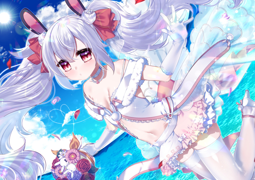 1girl animal_ears azur_lane blue_sky bouquet bra breasts cleavage clouds collar collarbone double_bun dutch_angle elbow_gloves eyebrows_visible_through_hair fake_animal_ears floating_hair flower fur_trim gloves hair_between_eyes hair_ribbon heart high_heels highres holding holding_bouquet kitasaya_ai laffey_(azur_lane) layered_skirt long_hair looking_at_viewer midriff miniskirt navel ocean outdoors parted_lips petals pumps rabbit_ears red_eyes red_flower red_ribbon red_rose ribbon rose silver_hair skirt sky small_breasts solo sparkle stomach sun sunlight thigh-highs twintails underwear very_long_hair white_bra white_footwear white_gloves white_legwear white_skirt