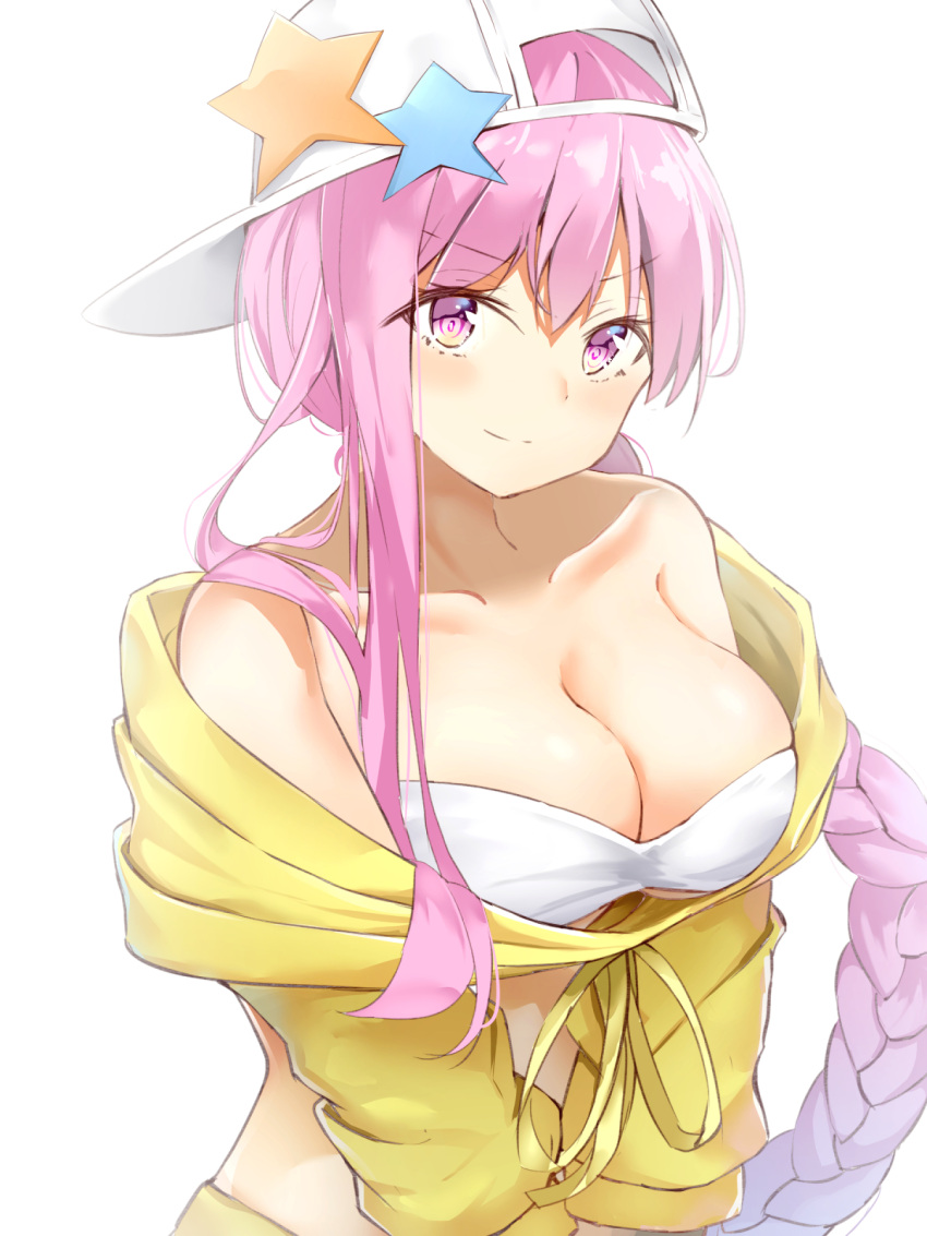 1girl bb_(fate)_(all) bb_(fate/extra_ccc) bb_(swimsuit_mooncancer)_(fate) braid breasts cleavage collarbone crop_top eyebrows_visible_through_hair fate/grand_order fate_(series) floating_hair hair_between_eyes hat highres hikashou jacket large_breasts long_hair looking_at_viewer pink_eyes pink_hair simple_background single_braid smile solo star_hat_ornament strapless strapless_bikini upper_body very_long_hair white_background white_bikini_top white_hat yellow_jacket