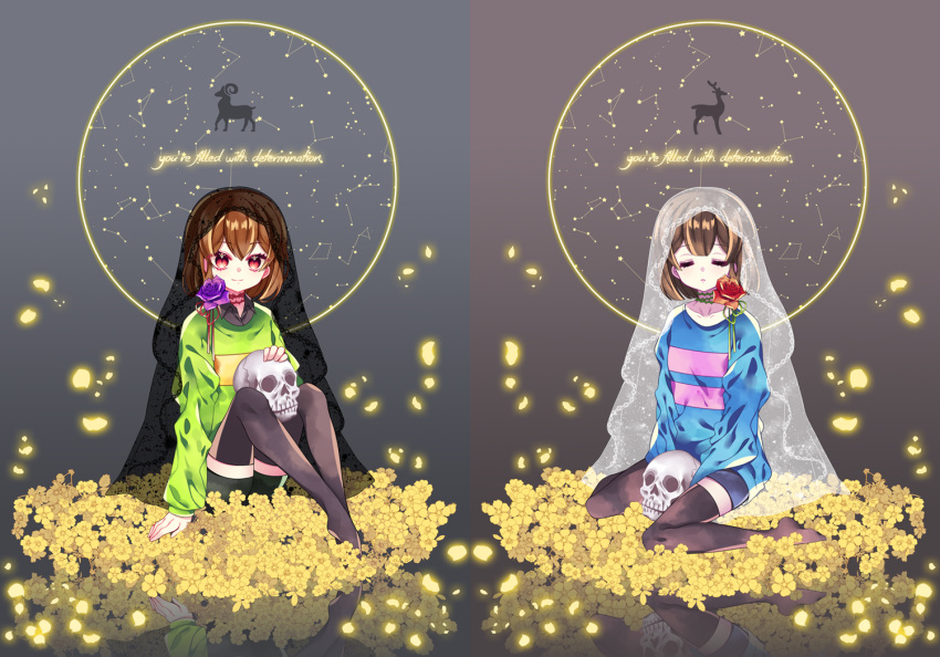 2others black_legwear black_shorts blue_shirt chara_(undertale) closed_eyes closed_mouth collarbone constellation english eyebrows_visible_through_hair flower frisk_(undertale) glowing glowing_petals green_shirt ie_(nyj1815) long_sleeves looking_at_viewer multiple_others no_shoes parted_lips petals purple_flower purple_rose red_eyes red_flower red_rose reflection rose shirt short_hair shorts sitting skull smile striped striped_shirt thigh-highs thorns undertale veil wariza