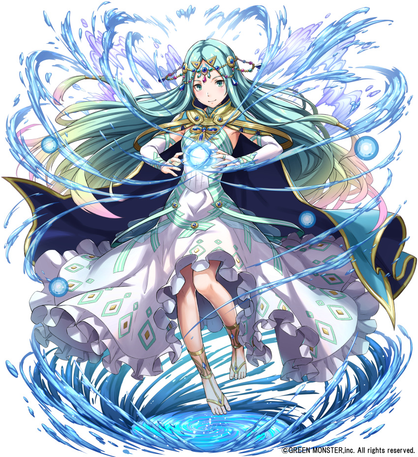 1girl aura bangs barefoot blue_eyes blue_hair bridal_gauntlets capelet circlet cloak closed_mouth commentary_request dress fantasy floating_hair full_body gradient_hair highres long_dress long_hair looking_at_viewer magic multicolored_hair official_art original parted_bangs sakiyamama senkuu_no_reconquista smile solo very_long_hair watermark white_dress