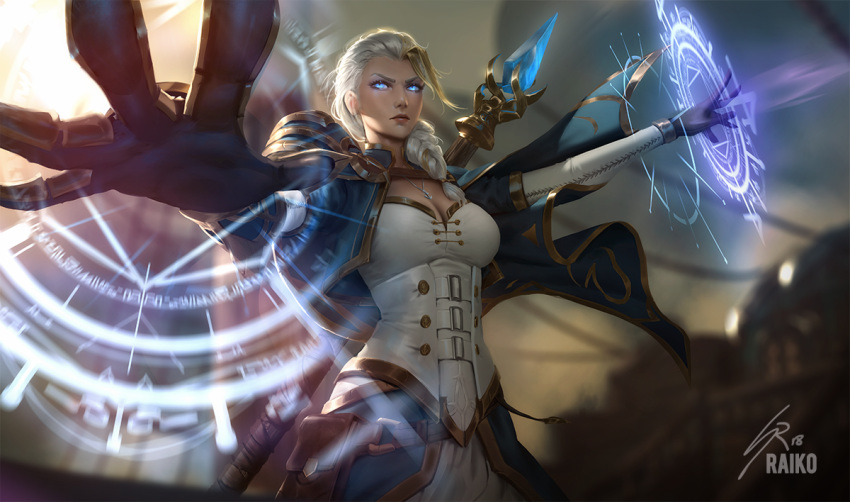 1girl armor aura black_gloves blonde_hair blue_eyes breasts bustier capelet cleavage closed_mouth corset dress gem gloves glowing glowing_eyes jaina_proudmoore jewelry large_breasts lips long_hair magic multicolored_hair necklace outstretched_arms outstretched_hand raikoart shoulder_armor signature silver_hair single_pauldron solo staff standing two-tone_hair warcraft white_dress world_of_warcraft