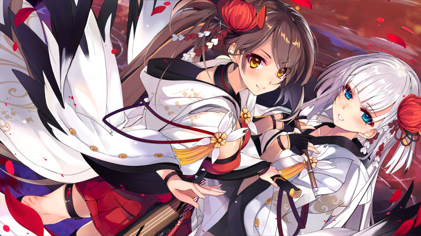 2girls azur_lane bangs blue_eyes breasts brown_hair cleavage closed_mouth commentary_request dutch_angle eyebrows_visible_through_hair eyelashes eyeliner flight_deck floral_print flower flute gloves hair_flower hair_ornament holding holding_instrument instrument japanese_clothes kanzashi kimono large_breasts long_hair looking_at_viewer looking_back makeup miniskirt mole mole_under_eye multiple_girls ocean one_side_up outdoors parted_lips partly_fingerless_gloves pleated_skirt print_kimono red_skirt revision shirokitsune shoukaku_(azur_lane) side_ponytail silver_hair skirt smile thigh_strap tsumami_kanzashi very_long_hair water white_kimono yellow_eyes zuikaku_(azur_lane)
