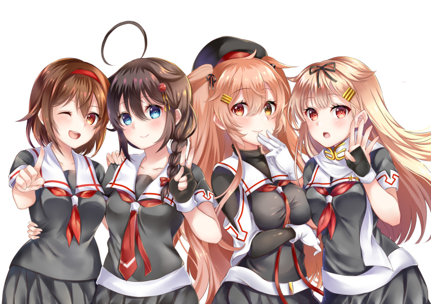4girls ahoge asymmetrical_clothes bangs beret black_hair black_ribbon black_serafuku black_skirt blonde_hair blue_eyes blush braid breasts brown_eyes brown_hair collarbone eyebrows_visible_through_hair fingerless_gloves gloves gradient_hair hair_between_eyes hair_flaps hair_ornament hair_over_shoulder hair_ribbon hairband hairclip hand_to_own_mouth hand_up hat heterochromia kantai_collection light_brown_hair long_hair looking_at_viewer mashiro_aa medium_breasts messy_hair multicolored_hair multiple_girls murasame_(kantai_collection) neckerchief open_mouth orange_eyes partial_bodysuit pleated_skirt red_eyes red_hairband remodel_(kantai_collection) ribbon scarf school_uniform serafuku shigure_(kantai_collection) shiratsuyu_(kantai_collection) short_hair sidelocks simple_background single_braid skirt smile taut_clothes twintails two_side_up whistle whistle_around_neck white_background white_gloves yuudachi_(kantai_collection)