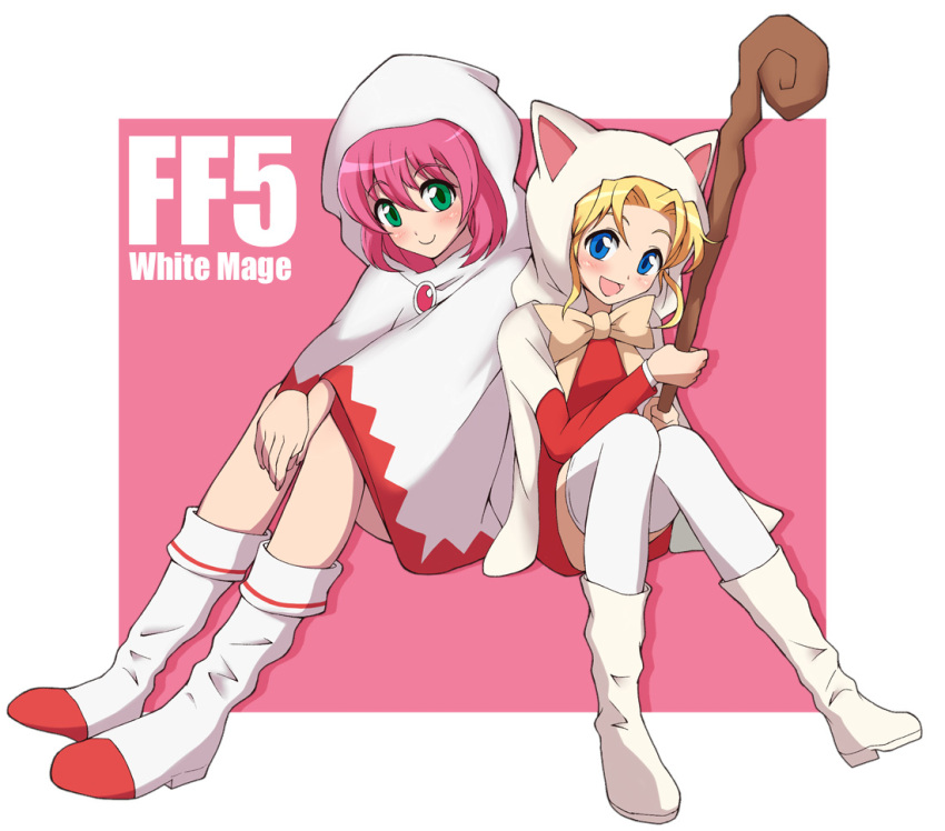 2girls :d bangs blonde_hair blue_eyes blush boots bow bowtie brooch closed_mouth copyright_name eyebrows_visible_through_hair final_fantasy final_fantasy_v full_body green_eyes hair_between_eyes hair_intakes holding holding_staff hood hood_up jewelry knees_together_feet_apart krile_mayer_baldesion lenna_charlotte_tycoon long_sleeves looking_at_viewer multiple_girls nel-c open_mouth pink_hair short_hair silhouette sitting smile staff thigh-highs v_arms white_footwear white_legwear white_mage wide_sleeves