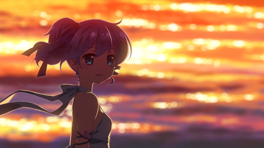 1girl :d absurdres armlet bare_shoulders blue_eyes casual dj_max dj_max_portable earrings evening halter_top halterneck highres jewelry ladymade_star looking_at_viewer looking_back open_mouth ponytail purple_hair reflection scan side_ponytail smile solo strap_gap sunlight upper_body water yuuki_tatsuya