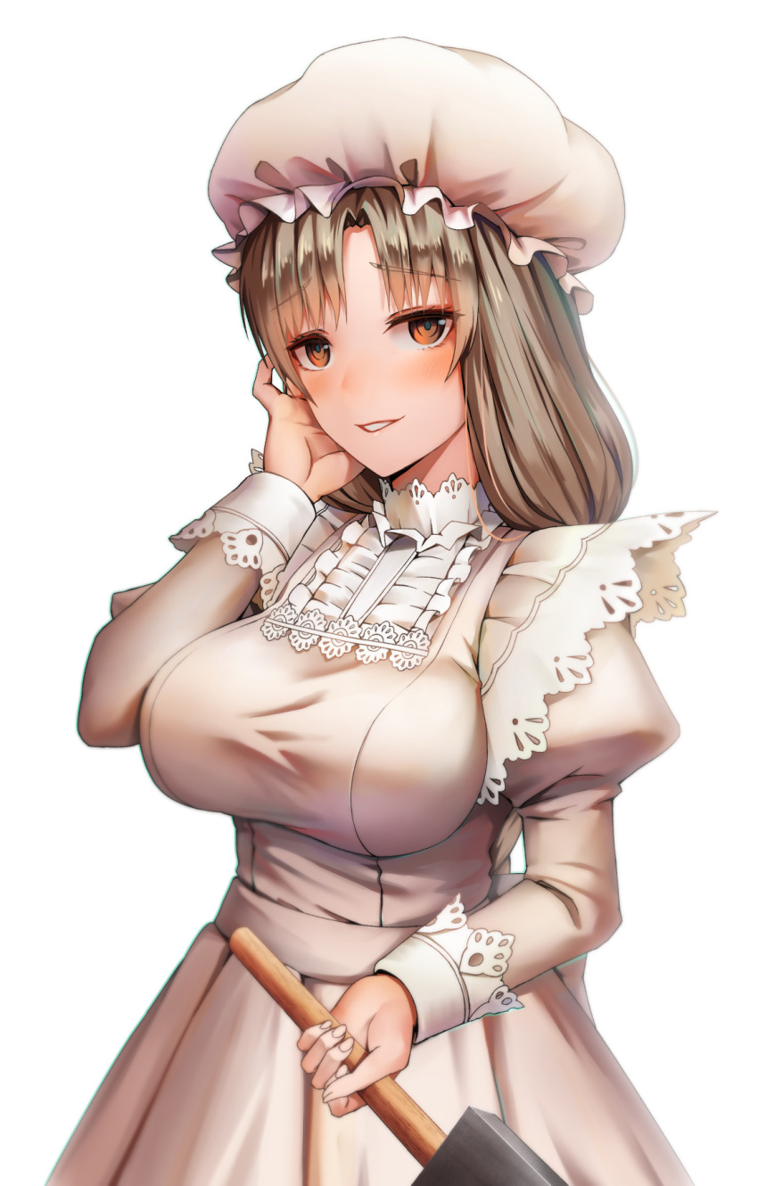 1girl bangs blush breasts dress eyebrows_visible_through_hair hand_on_own_cheek hat hataraku_saibou highres holding holding_weapon lace_trim large_breasts long_hair looking_at_viewer macrophage_(hataraku_saibou) mob_cap parted_bangs parted_lips shoron silver_hair smile solo weapon white_background white_dress white_hat
