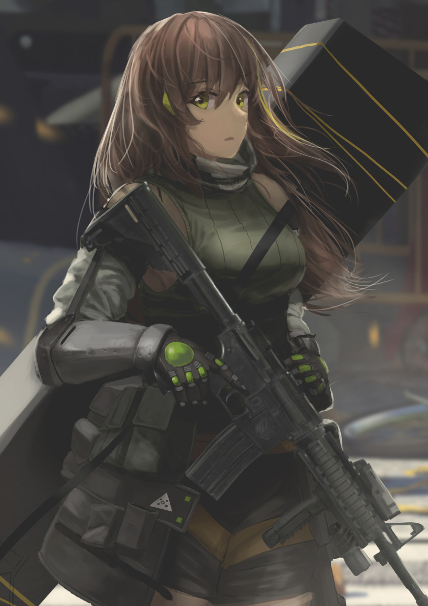 1girl absurdres arm_strap armor assault_rifle asymmetrical_legwear bandanna bangs blurry blurry_background brown_eyes brown_hair case closed_mouth commentary cowboy_shot detached_sleeves elbow_pads eyebrows_visible_through_hair faiz_azhar gauntlets girls_frontline gloves gun hair_between_eyes headset highres holding holding_gun holding_weapon long_hair looking_at_viewer m4_carbine m4a1_(girls_frontline) magazine_(weapon) mod3_(girls_frontline) multicolored_hair pouch ribbed_legwear ribbed_sweater rifle scope sidelocks signature skindentation solo strap streaked_hair sweater sweater_vest thigh_strap trigger_discipline weapon weapon_case white_background wind wind_lift