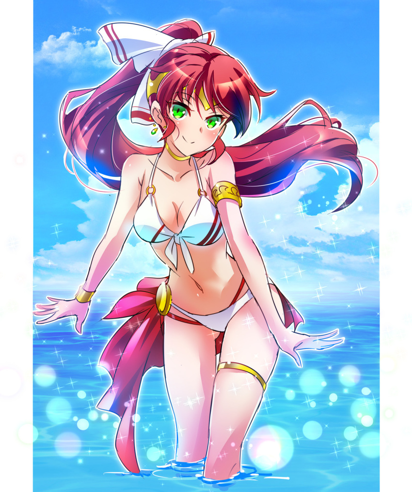 1girl armlet bikini breasts earrings forehead_protector green_eyes hair_ribbon highres iesupa jewelry midriff navel ponytail pyrrha_nikos redhead ribbon rwby solo swimsuit water