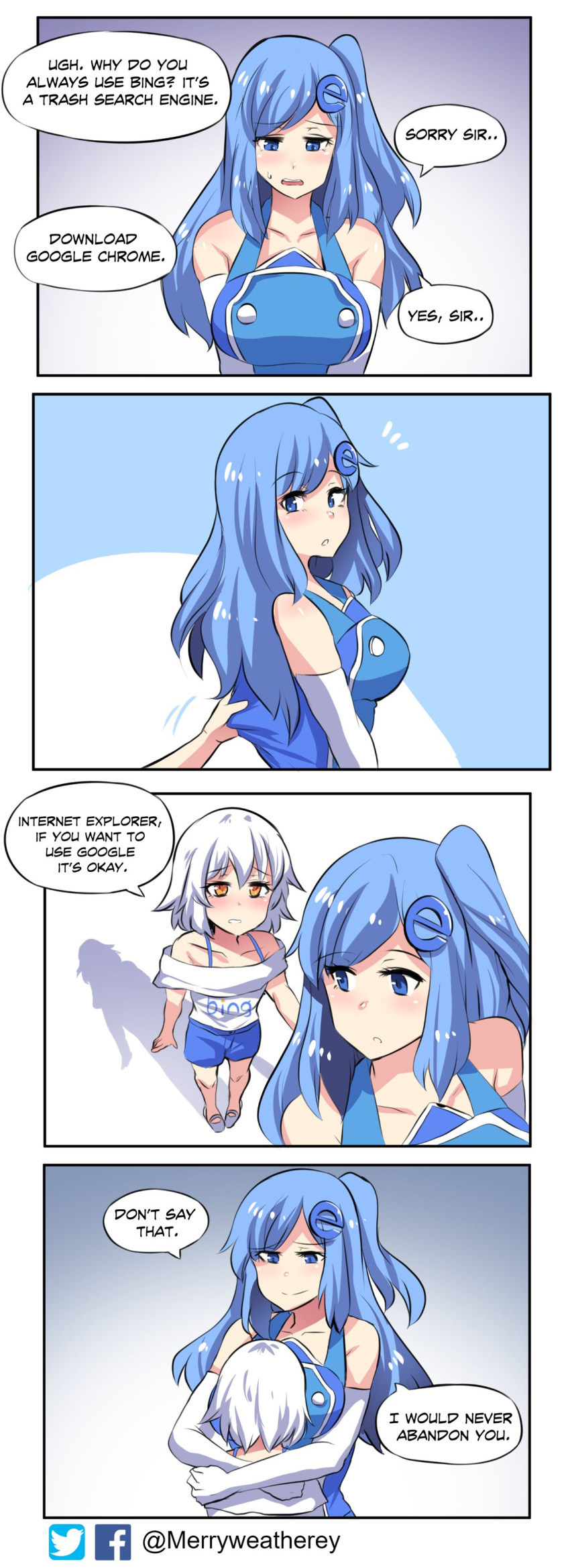 2girls 4koma absurdres blue_eyes blue_gloves blue_hair breasts comic elbow_gloves english gloves hair_ornament hairclip hairpin height_difference highres hug internet_explorer large_breasts long_hair microsoft_bing multiple_girls one_side_up orange_eyes os-tan osiimi pigeon-toed short_hair shorts stitched third-party_edit twitter_username white_gloves white_hair windows