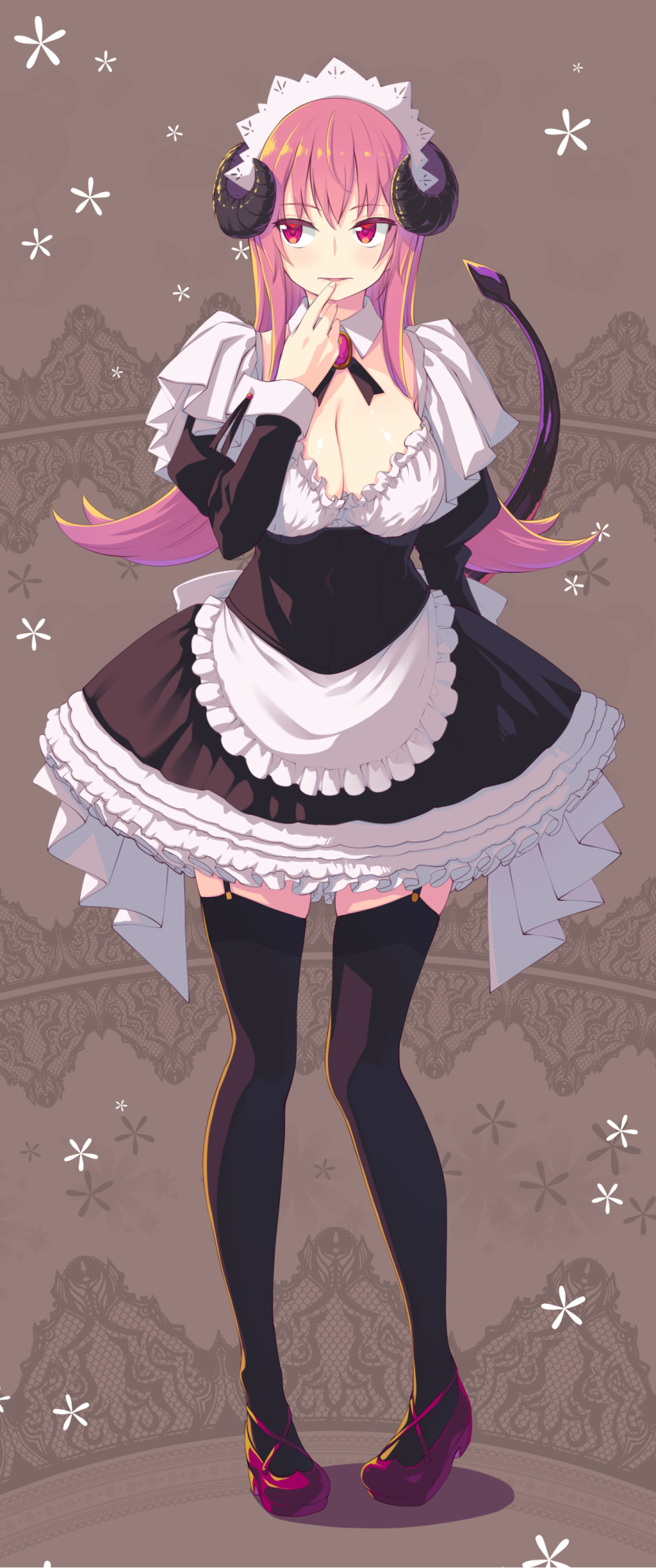 1girl absurdres akino_sora apron black_legwear black_ribbon blush breasts cleavage demon_girl demon_horns demon_tail detached_collar finger_to_mouth garter_straps grey_background highres horns index_finger_raised large_breasts long_hair long_sleeves looking_to_the_side maid maid_apron maid_headdress neck_ribbon original parted_lips pink_eyes pink_footwear pink_hair puffy_short_sleeves puffy_sleeves ribbon shoes short_over_long_sleeves short_sleeves solo standing tail thigh-highs underbust waist_apron wing_collar