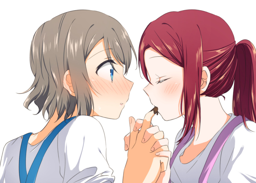2girls alternate_hairstyle blush chocolate closed_eyes face-to-face facing_another finger_in_mouth from_side hand_holding interlocked_fingers long_hair looking_at_another love_live! love_live!_sunshine!! multiple_girls ponytail profile redhead sakurauchi_riko short_hair upper_body watanabe_you white_background yuchi_(salmon-1000) yuri