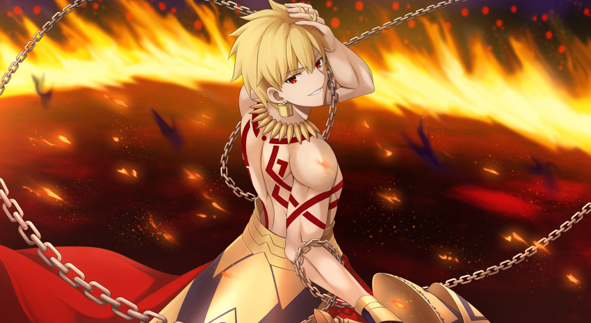 1boy blonde_hair chains ea_(fate/stay_night) earrings fate/stay_night fate_(series) faulds from_behind gilgamesh hair_between_eyes hand_on_head highres holding holding_weapon jewelry looking_at_viewer male_focus morokoshi_(tekku) necklace parted_lips red_eyes solo standing tattoo weapon