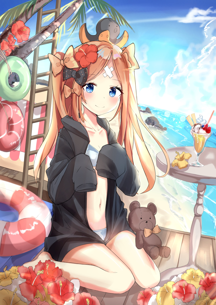 abigail_williams_(fate/grand_order) absurdres animal animal_on_head bangs bare_legs barefoot beach bikini black_jacket blonde_hair blue_bikini blue_eyes blue_sky blush bow closed_mouth clouds collarbone commentary_request crazy_straw crossed_bandaids day drinking_straw dutch_angle eyebrows_visible_through_hair fate/grand_order fate_(series) flower hair_bow hair_flower hair_ornament hands_up heart_straw highres hood hood_down hooded_jacket horizon innertube jacket long_hair long_sleeves navel ocean octopus on_head orange_bow outdoors parfait parted_bangs red_flower rock rot_zzi sand sitting sky sleeves_past_fingers sleeves_past_wrists smile stuffed_animal stuffed_toy swimsuit teddy_bear twintails very_long_hair wariza water yellow_flower