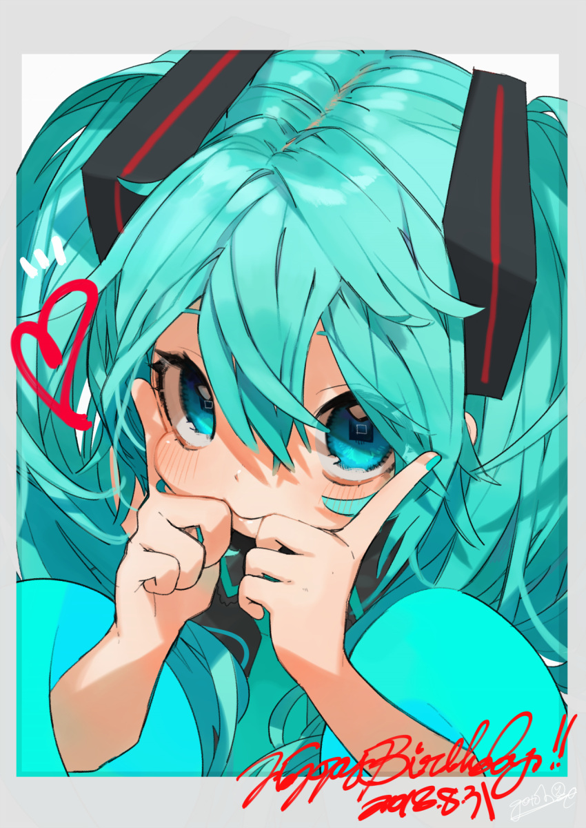 1girl aqua_hair aqua_nails aqua_neckwear bangs bare_shoulders blue_eyes blush border close-up commentary_request dated detached_sleeves eyes_visible_through_hair gotoh510 grey_border grey_vest hair_between_eyes hands_up happy_birthday hatsune_miku heart highres index_fingers_raised leaning_forward long_hair long_sleeves looking_at_viewer nail_polish necktie simple_background smile solo twintails vest vocaloid white_background wide_sleeves