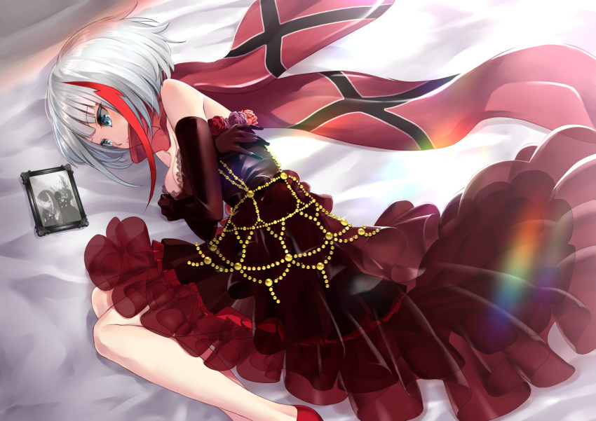 1girl admiral_graf_spee_(azur_lane) azur_lane bangs bare_shoulders bed_sheet blue_eyes brown_flower brown_rose closed_mouth commentary_request deutschland_(azur_lane) dress elbow_gloves eyebrows_visible_through_hair feet_out_of_frame flower gloves layered_dress long_hair lying multicolored_hair on_side photo_(object) picture_frame pleated_dress purple_flower purple_rose red_dress red_flower red_footwear red_gloves red_rose red_scarf redhead revision rin2008 rose scarf see-through shoes silver_hair solo strapless strapless_dress streaked_hair