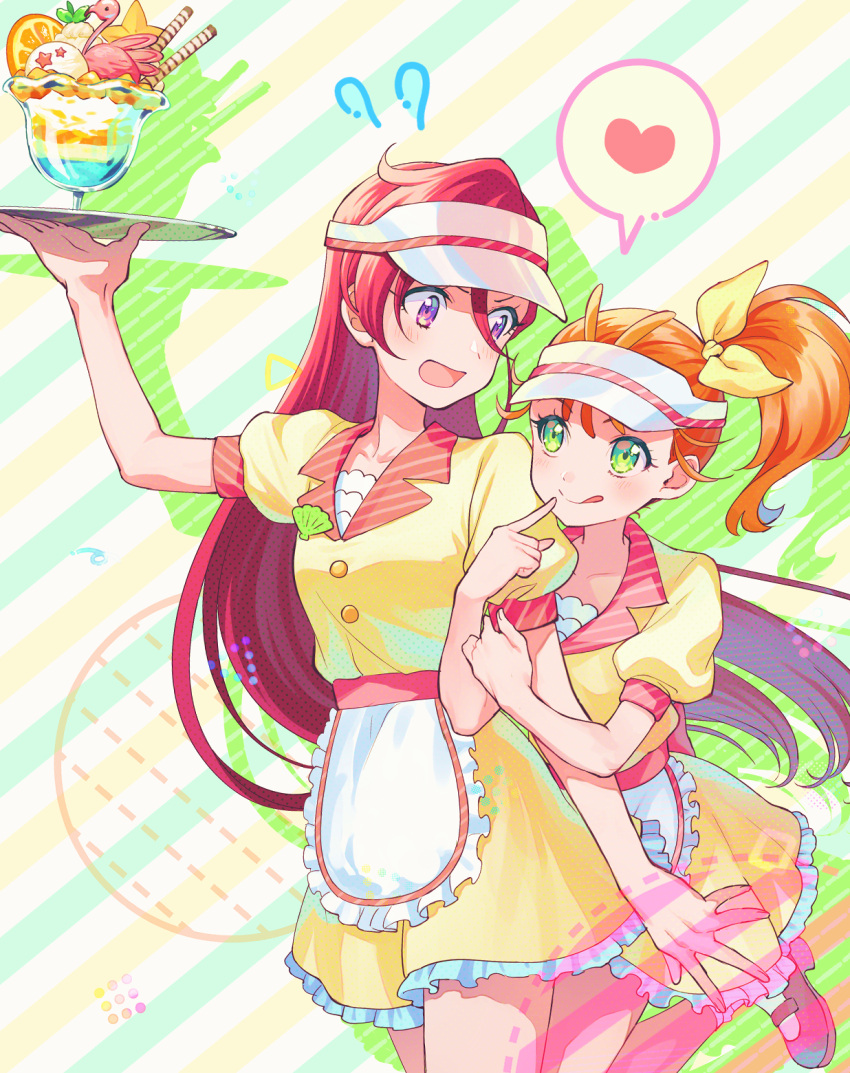 2girls alternate_costume apron arm_grab arm_up bow brown_hair finger_to_mouth floating_hair frilled_skirt frills green_eyes hair_between_eyes hair_bow high_side_ponytail highres holding holding_plate leg_up long_hair miniskirt multiple_girls natsuumi_manatsu plate precure redhead shirt short_sleeves skirt socks standing takizawa_asuka tropical-rouge!_precure very_long_hair violet_eyes visor_cap waist_apron white_apron white_socks yellow_bow yellow_shirt yellow_skirt yuzu_sato