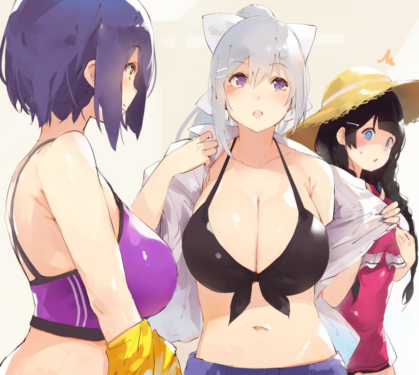 3girls absurdres bikini black_bikini black_hair blue_eyes blue_hair blush breast_conscious breasts denizen_tomo hat highres higuchi_kaede huge_breasts large_breasts multiple_girls nijisanji ponytail shirt shizuka_rin short_hair silver_hair smile straw_hat surprised sweatdrop swimsuit tagme tsukino_mito twintails undressing violet_eyes virtual_youtuber yellow_eyes