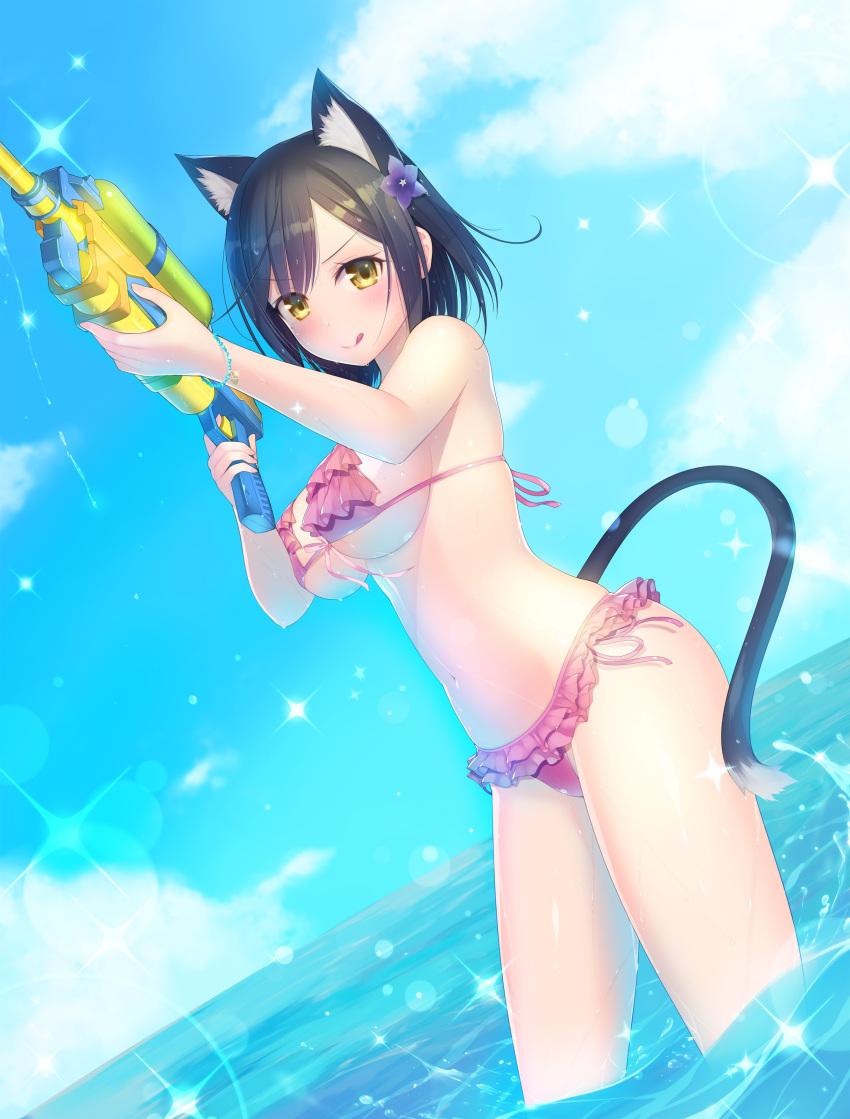 1girl absurdres animal_ears bikini blue_hair breasts cat_ears cat_tail dutch_angle flower frilled_bikini frills hair_flower hair_ornament highres kashiwamochi_yomogi large_breasts looking_at_viewer nijisanji ocean shizuka_rin short_hair sky smile sparkle swimsuit tagme tail virtual_youtuber water_gun yellow_eyes