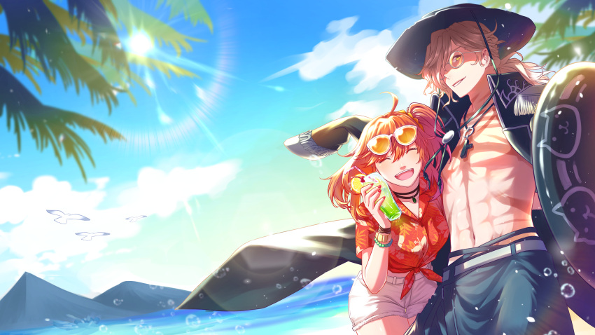 1boy 1girl absurdres belt bent_over bird black_hat blonde_hair blue_sky brill_p closed_eyes clouds cup day drinking_glass edmond_dantes_(fate/grand_order) eyewear_on_head fate/grand_order fate_(series) floral_print fujimaru_ritsuka_(female) glasses hair_ornament hair_scrunchie hat highres holding holding_cup jewelry long_hair nail_polish navel necklace open_mouth orange_hair orange_scrunchie outdoors parted_lips print_shirt red_nails red_shirt scrunchie shirt short_shorts short_sleeves shorts side_ponytail sky smile standing sun sun_hat sunglasses sunlight tied_shirt white_shorts yellow_eyes