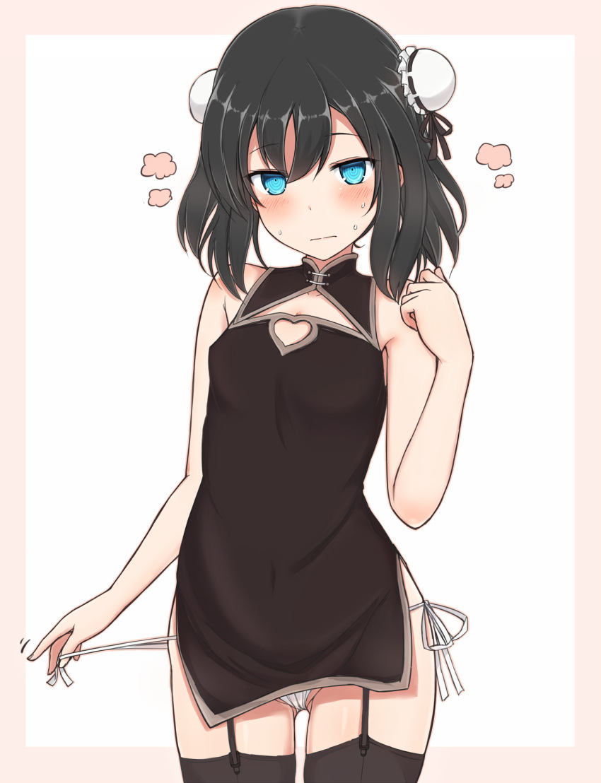1girl ass_visible_through_thighs bangs bare_arms bare_shoulders black_dress black_hair blue_eyes blush breasts bun_cover china_dress chinese_clothes closed_mouth commentary_request double_bun dress eyebrows_visible_through_hair fingernails garter_straps hair_between_eyes hand_up highres looking_at_viewer medium_hair nonono_(mino) original panties panty_peek ringed_eyes side-tie_panties simple_background slave-chan_(mino) sleeveless sleeveless_dress small_breasts solo sweat thigh-highs underwear untied untied_panties untying white_background white_panties
