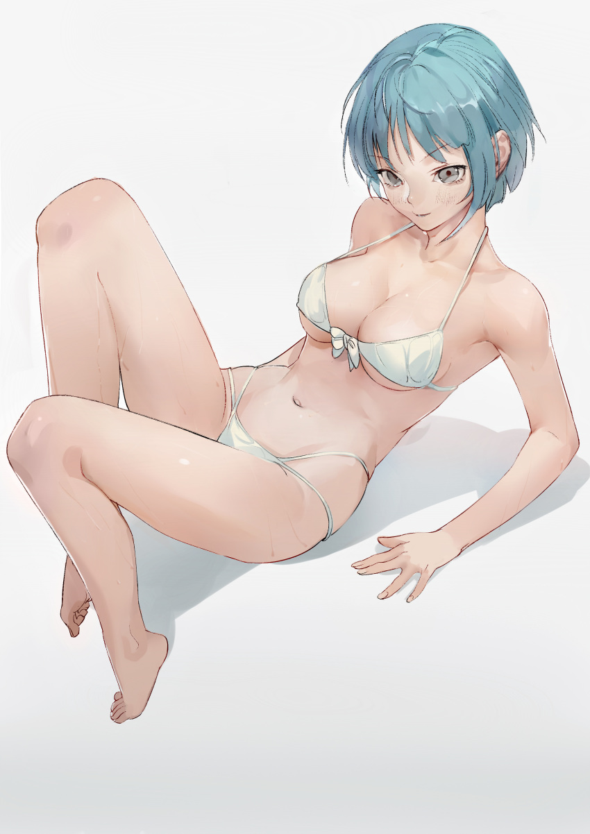1girl absurdres arm_support bangs barefoot bikini blue_hair blush breasts cleavage closed_mouth commentary english_commentary eyebrows_visible_through_hair front-tie_bikini front-tie_top full_body grey_background grey_eyes highres leaning_back medium_breasts navel original reclining shadow short_hair short_sleeves simple_background smile solo swimsuit wet white_bikini xianluo_zonghe_zheng